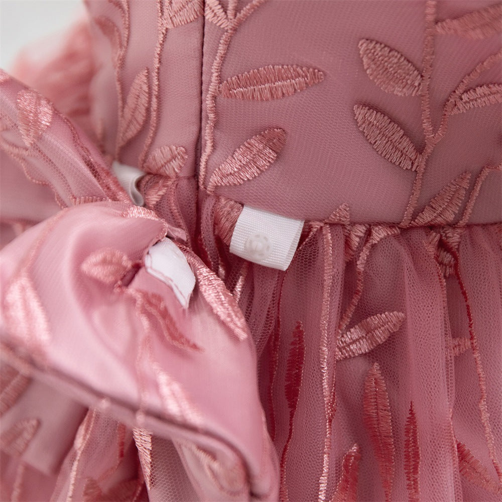 Princess Puffy Sleeve Flower Girl Dress – Pink Embroidered Ball Gown for Kids