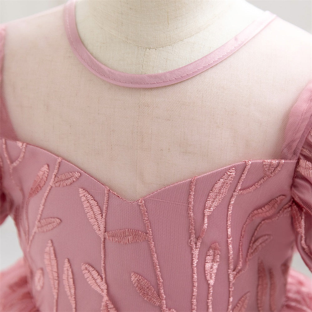 Princess Puffy Sleeve Flower Girl Dress – Pink Embroidered Ball Gown for Kids