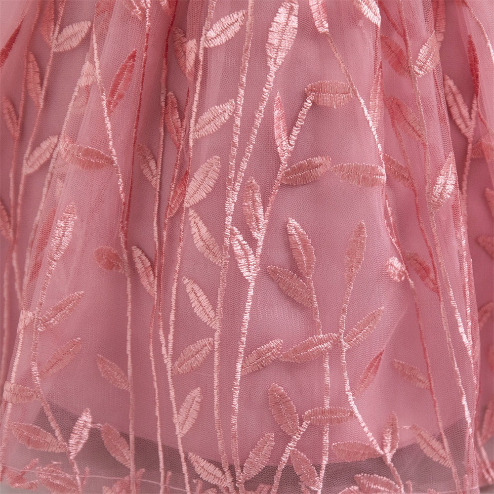 Princess Puffy Sleeve Flower Girl Dress – Pink Embroidered Ball Gown for Kids
