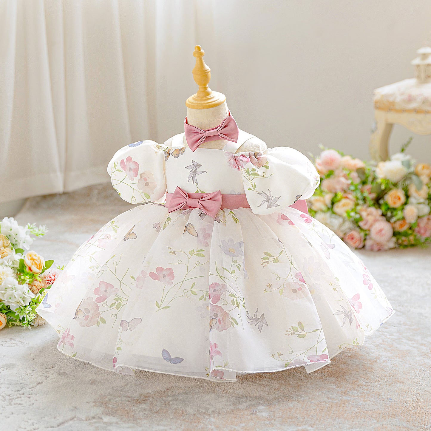 Puffy Sleeve Off-Shoulder Floral Girl's Dress | Kids Party & Wedding Gown