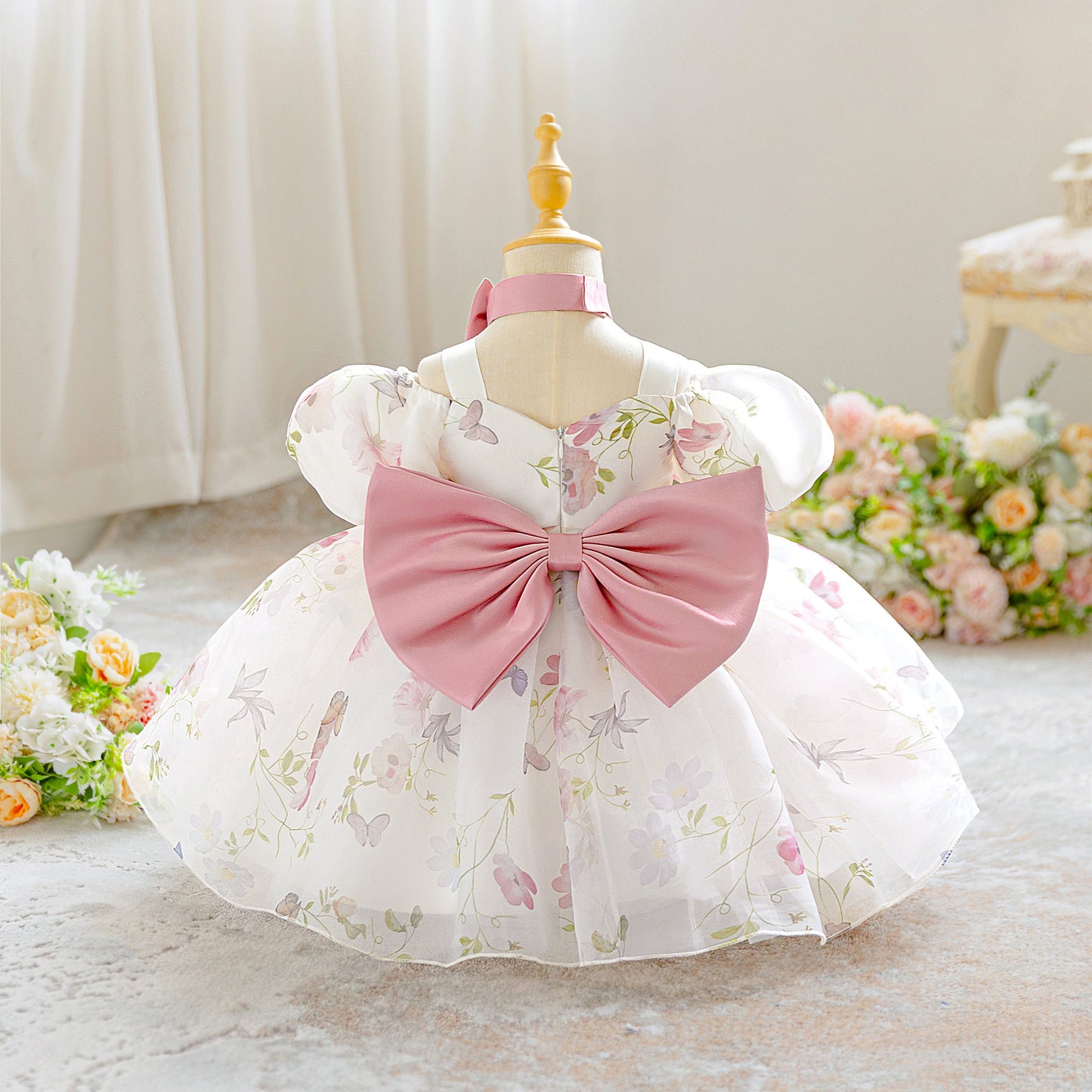 Puffy Sleeve Off-Shoulder Floral Girl's Dress | Kids Party & Wedding Gown