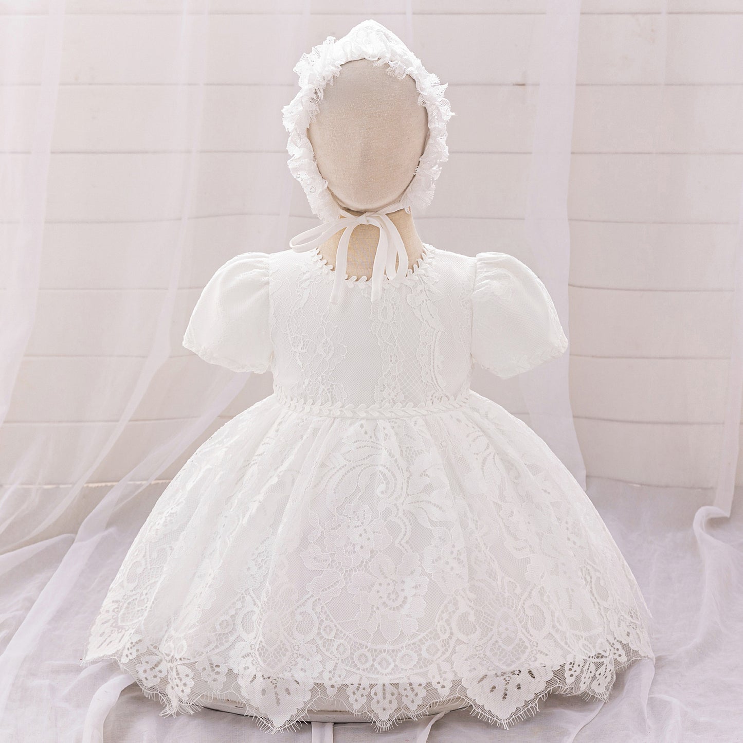 Princess Puffy Sleeve Lace Ball Gown Dress for Baby Girls - White Christening & Party Wear