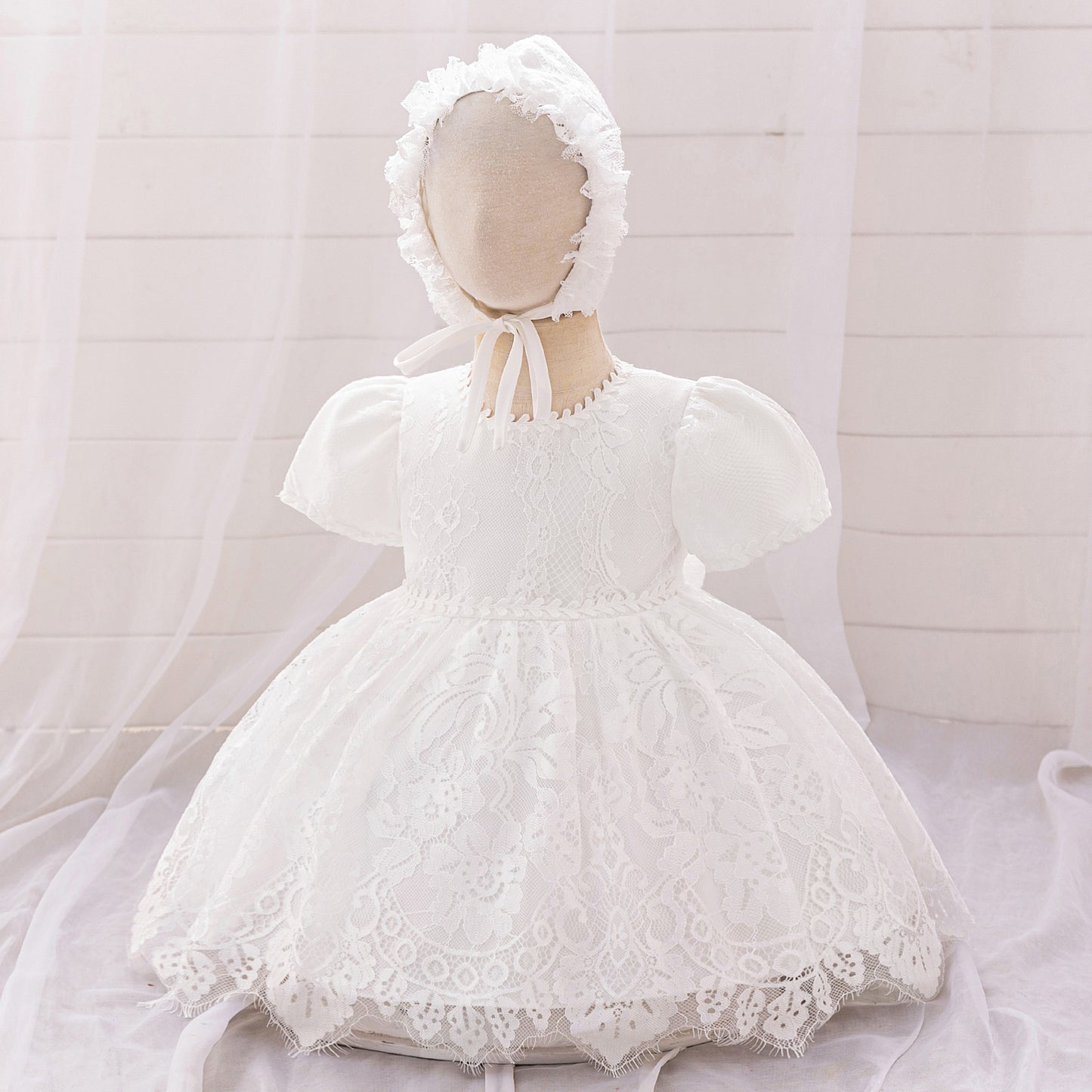 Princess Puffy Sleeve Lace Ball Gown Dress for Baby Girls - White Christening & Party Wear