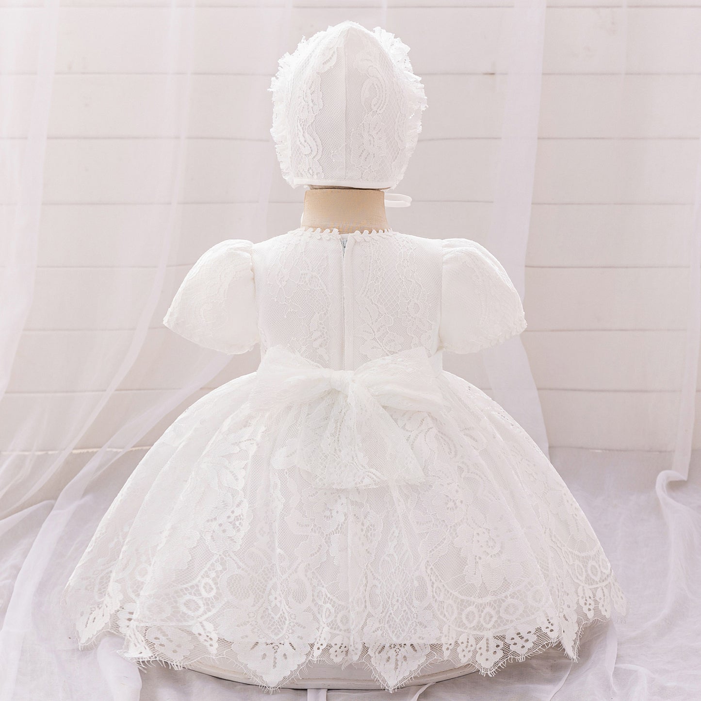 Princess Puffy Sleeve Lace Ball Gown Dress for Baby Girls - White Christening & Party Wear