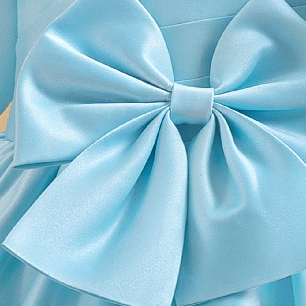 Princess Puffy Sleeve Satin Ball Gown Dress for Girls – Tea Length Formal Little Girl Dress