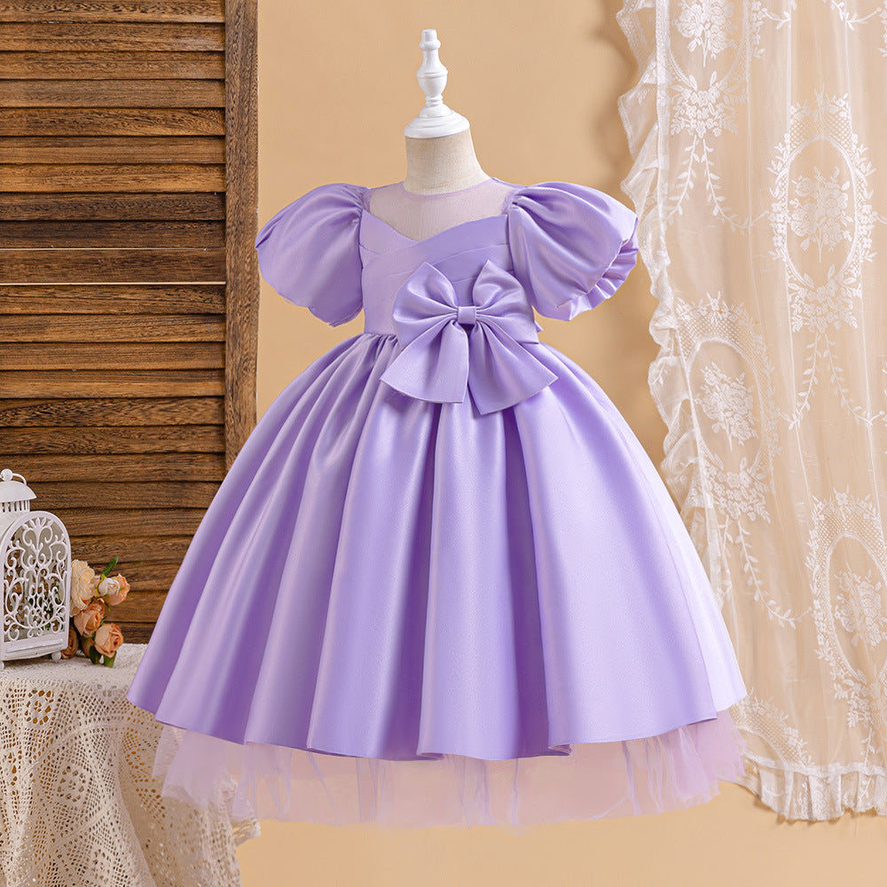 Princess Puffy Sleeve Satin Ball Gown Dress for Girls – Tea Length Formal Little Girl Dress