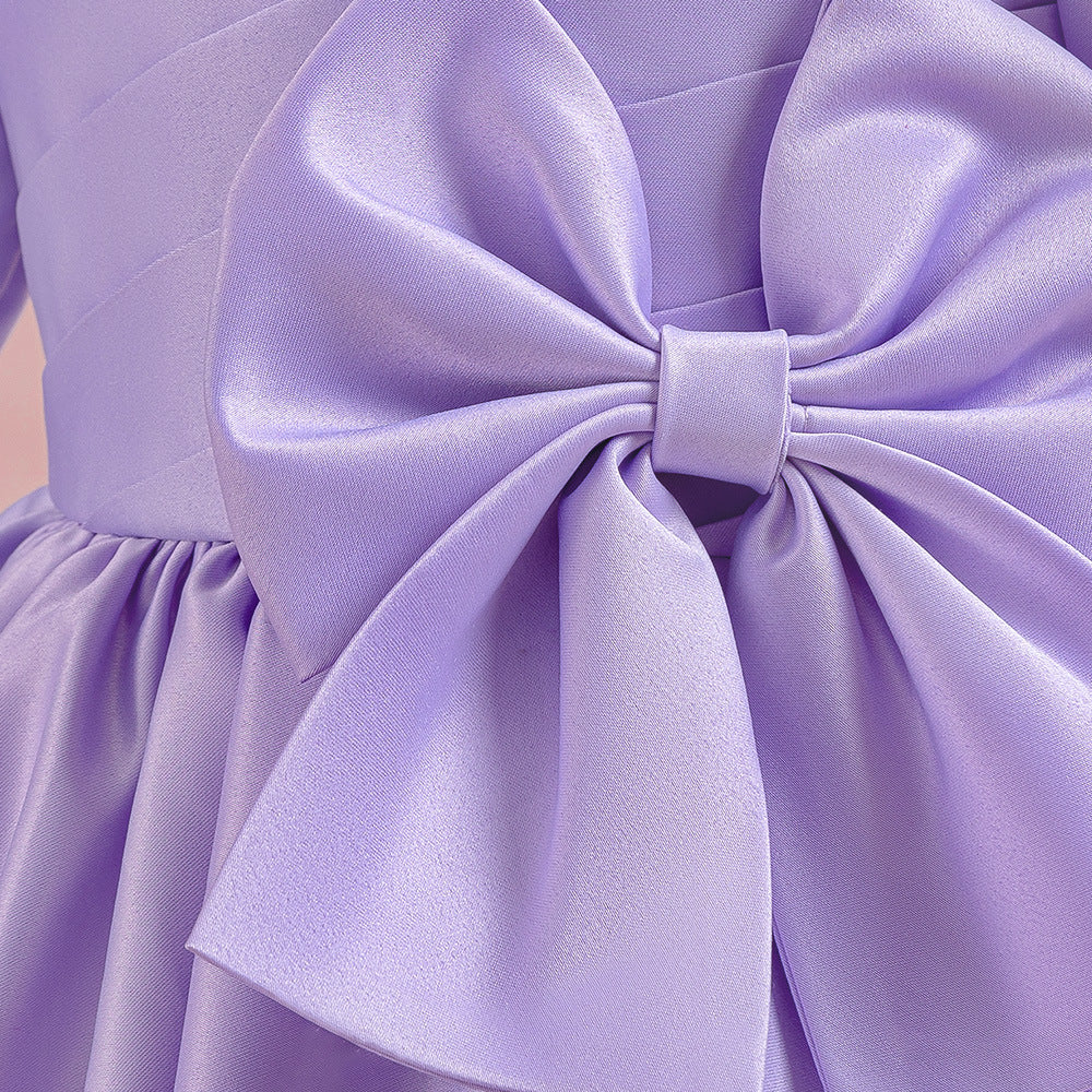Princess Puffy Sleeve Satin Ball Gown Dress for Girls – Tea Length Formal Little Girl Dress