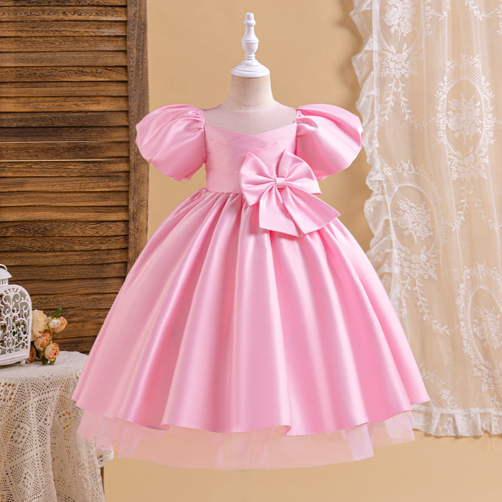 Princess Puffy Sleeve Satin Ball Gown Dress for Girls – Tea Length Formal Little Girl Dress