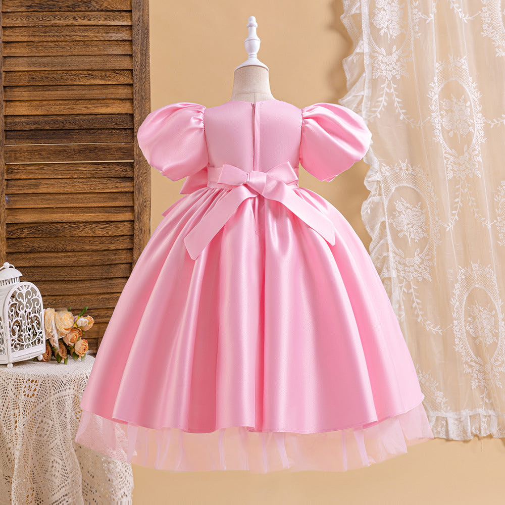 Princess Puffy Sleeve Satin Ball Gown Dress for Girls – Tea Length Formal Little Girl Dress