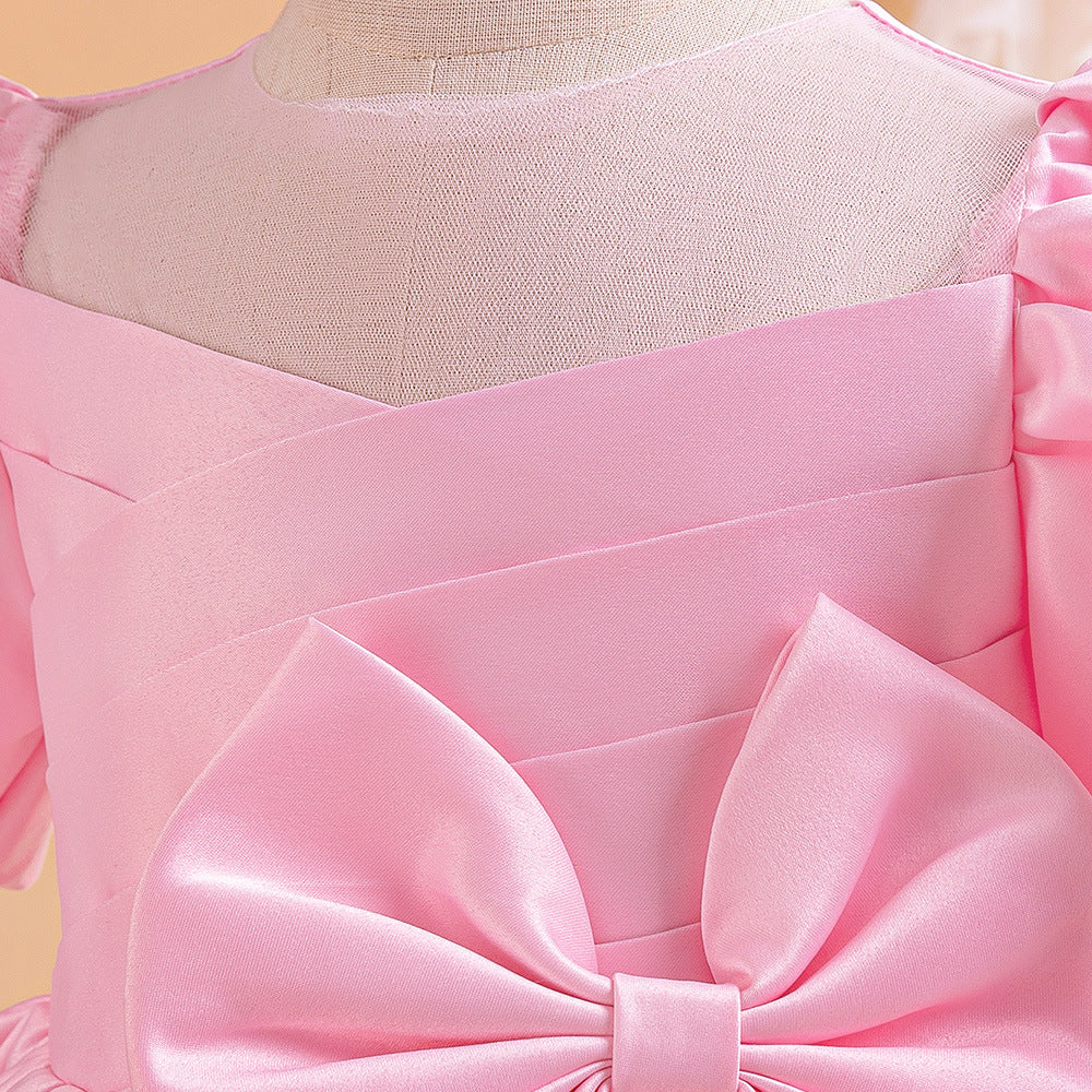Princess Puffy Sleeve Satin Ball Gown Dress for Girls – Tea Length Formal Little Girl Dress