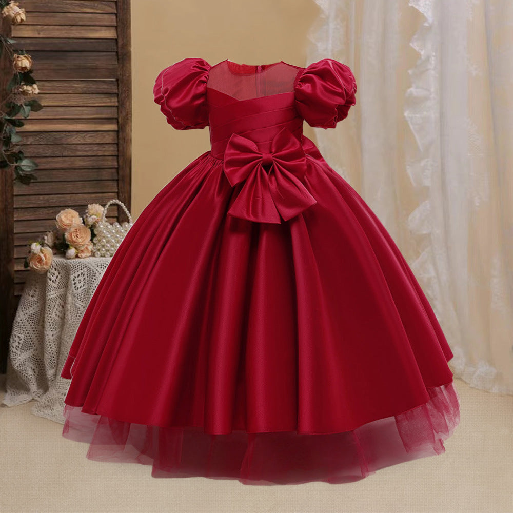 Princess Puffy Sleeve Satin Ball Gown Dress for Girls – Tea Length Formal Little Girl Dress