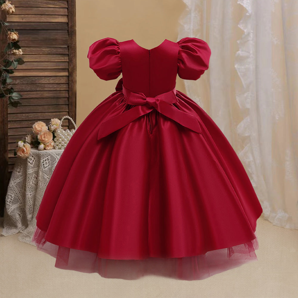 Princess Puffy Sleeve Satin Ball Gown Dress for Girls – Tea Length Formal Little Girl Dress