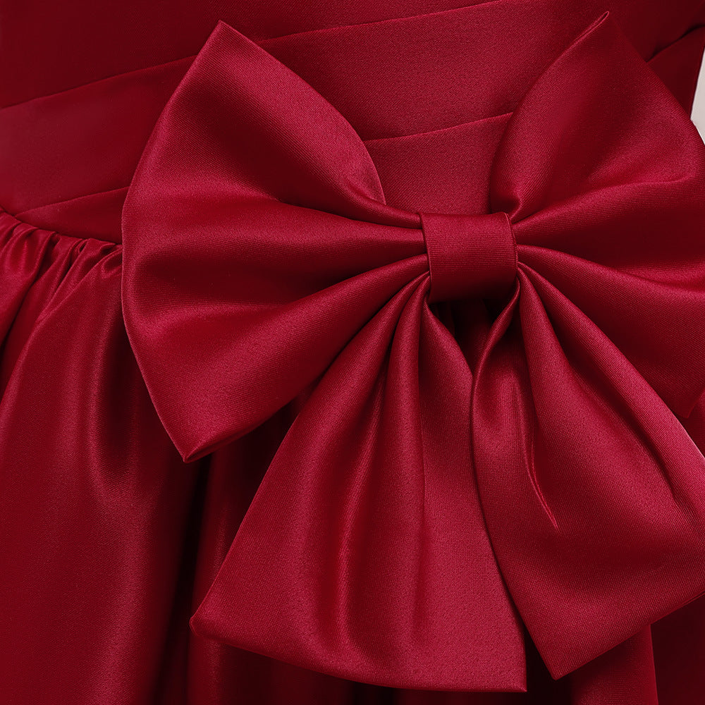 Princess Puffy Sleeve Satin Ball Gown Dress for Girls – Tea Length Formal Little Girl Dress
