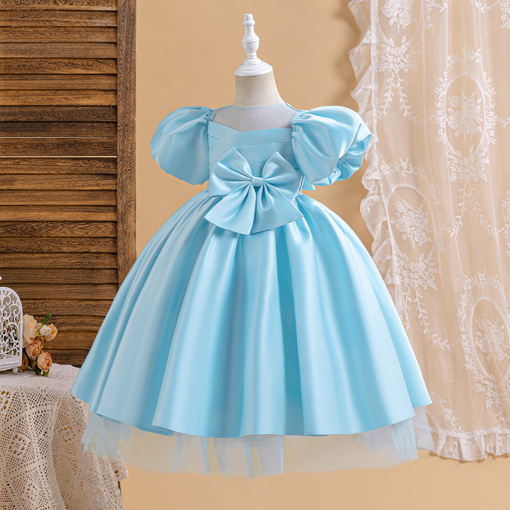 Princess Puffy Sleeve Satin Ball Gown Dress for Girls – Tea Length Formal Little Girl Dress