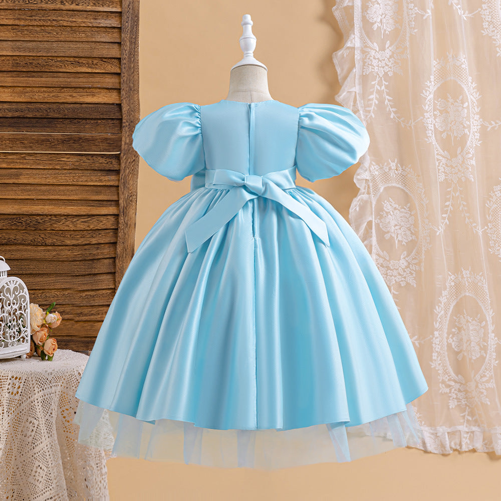 Princess Puffy Sleeve Satin Ball Gown Dress for Girls – Tea Length Formal Little Girl Dress