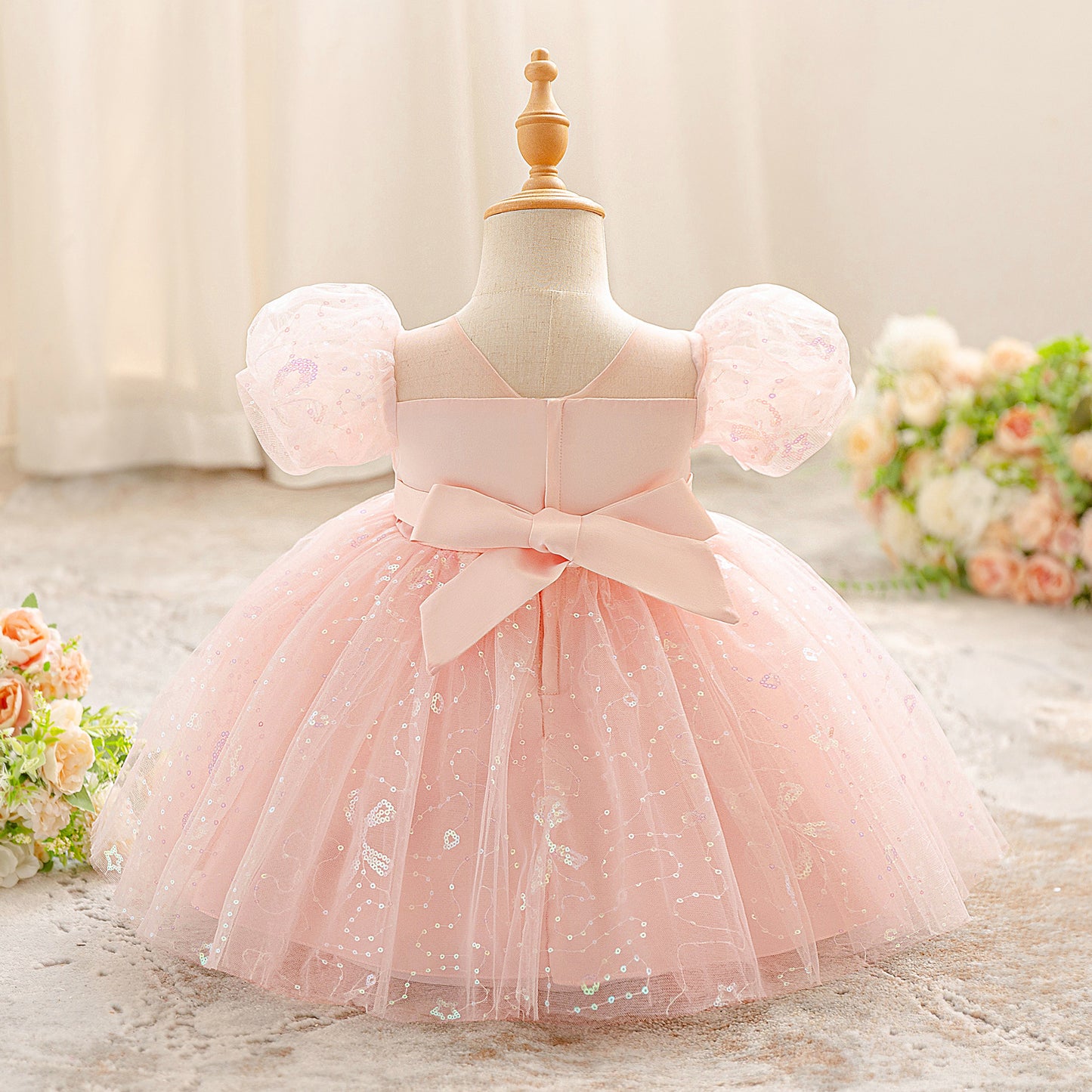 Light Pink Puffy Sleeve Princess Dress for Girls - Tea-Length Tulle Ball Gown with Bow and Sequins