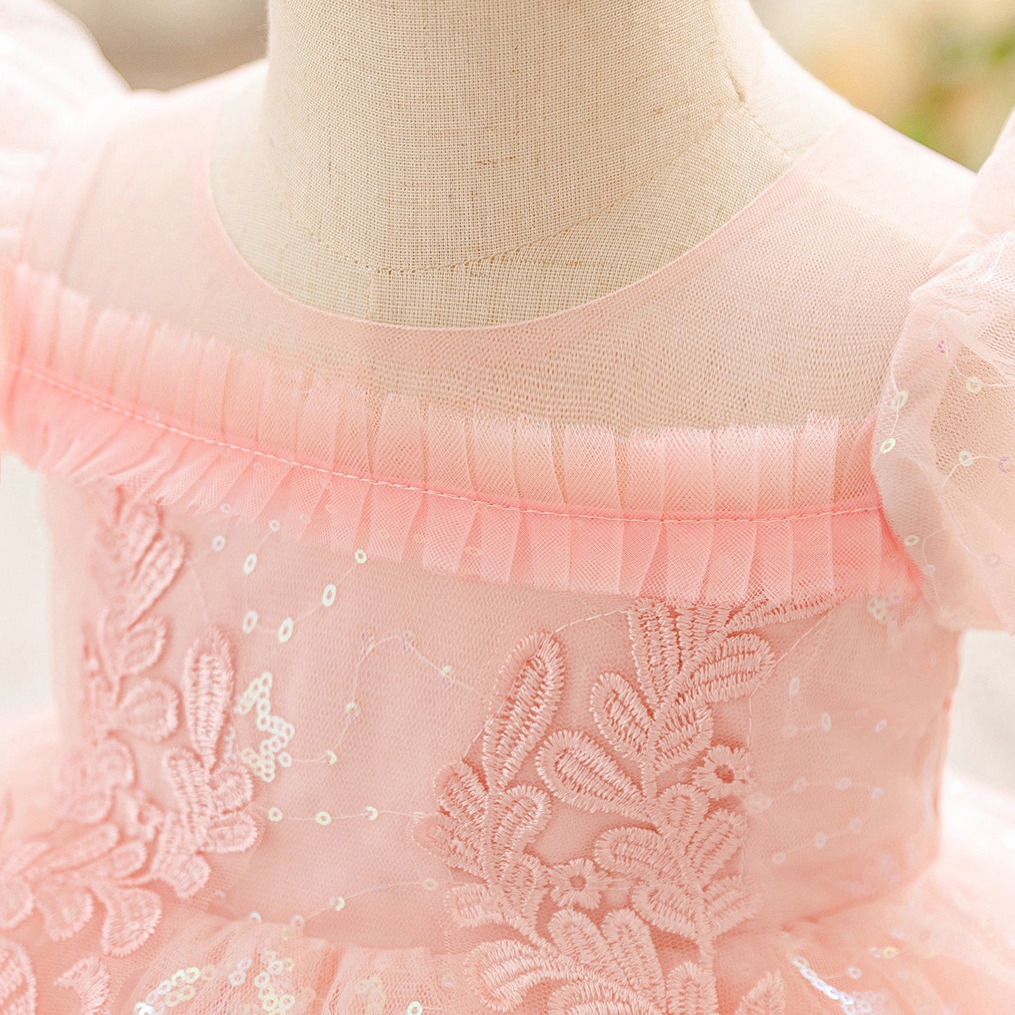 Light Pink Puffy Sleeve Princess Dress for Girls - Tea-Length Tulle Ball Gown with Bow and Sequins