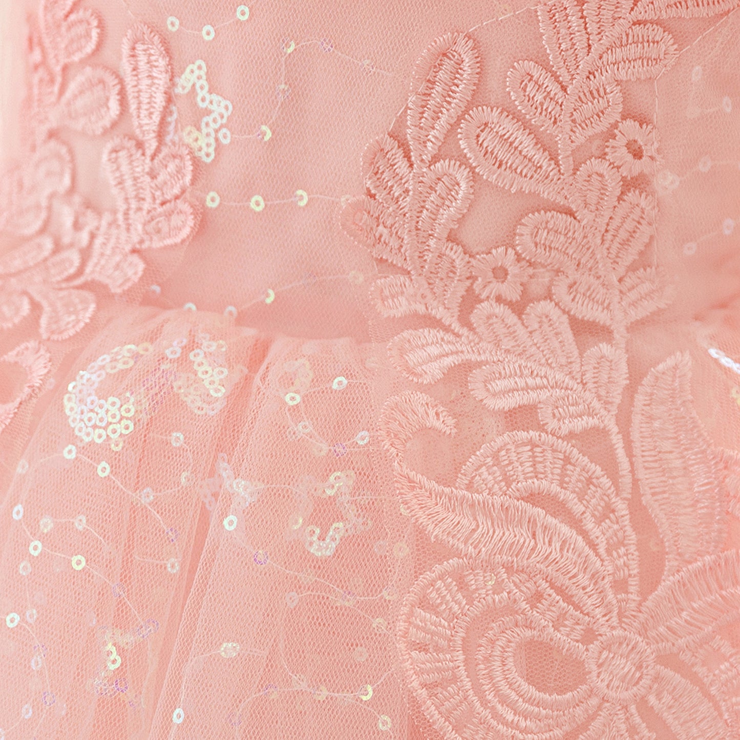 Light Pink Puffy Sleeve Princess Dress for Girls - Tea-Length Tulle Ball Gown with Bow and Sequins