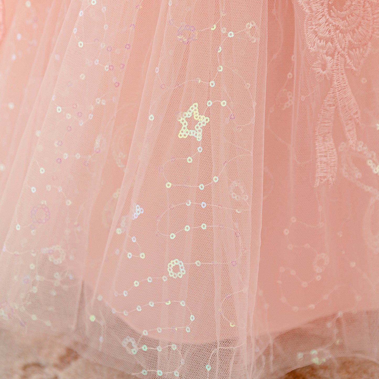 Light Pink Puffy Sleeve Princess Dress for Girls - Tea-Length Tulle Ball Gown with Bow and Sequins