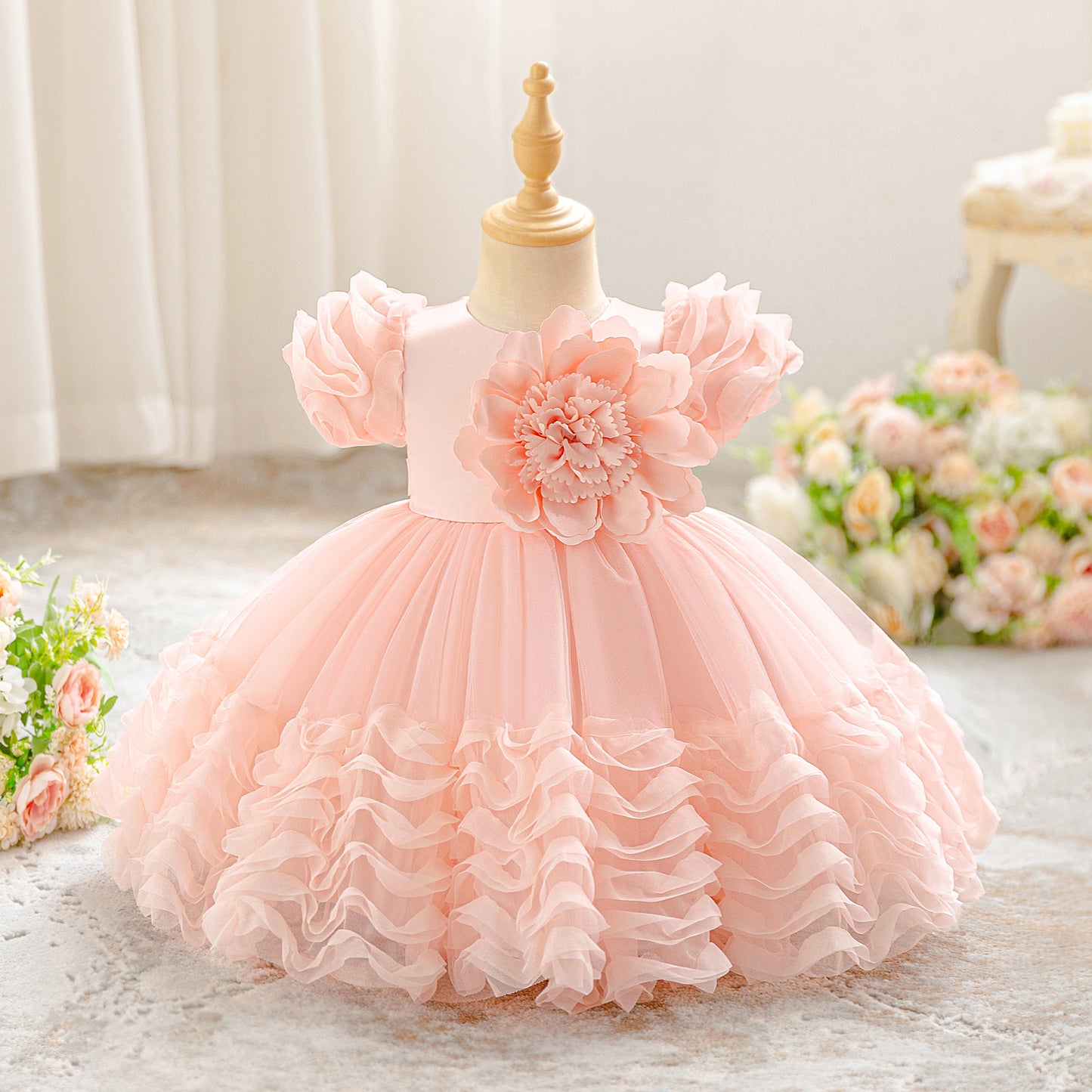 Princess Puffy Sleeve Tulle Ball Gown for Toddlers – Light Pink Party & Flower Girl Dress