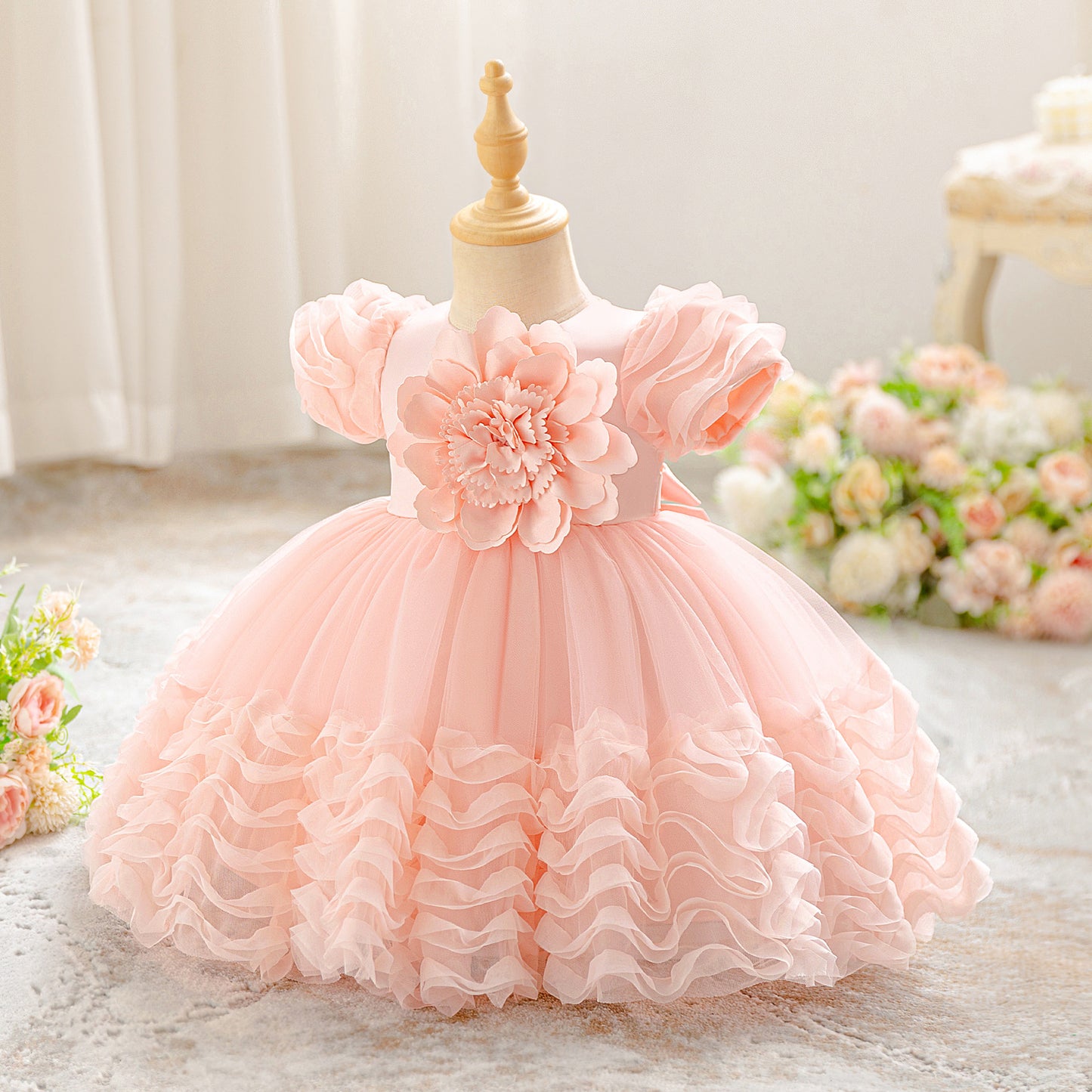 Princess Puffy Sleeve Tulle Ball Gown for Toddlers – Light Pink Party & Flower Girl Dress
