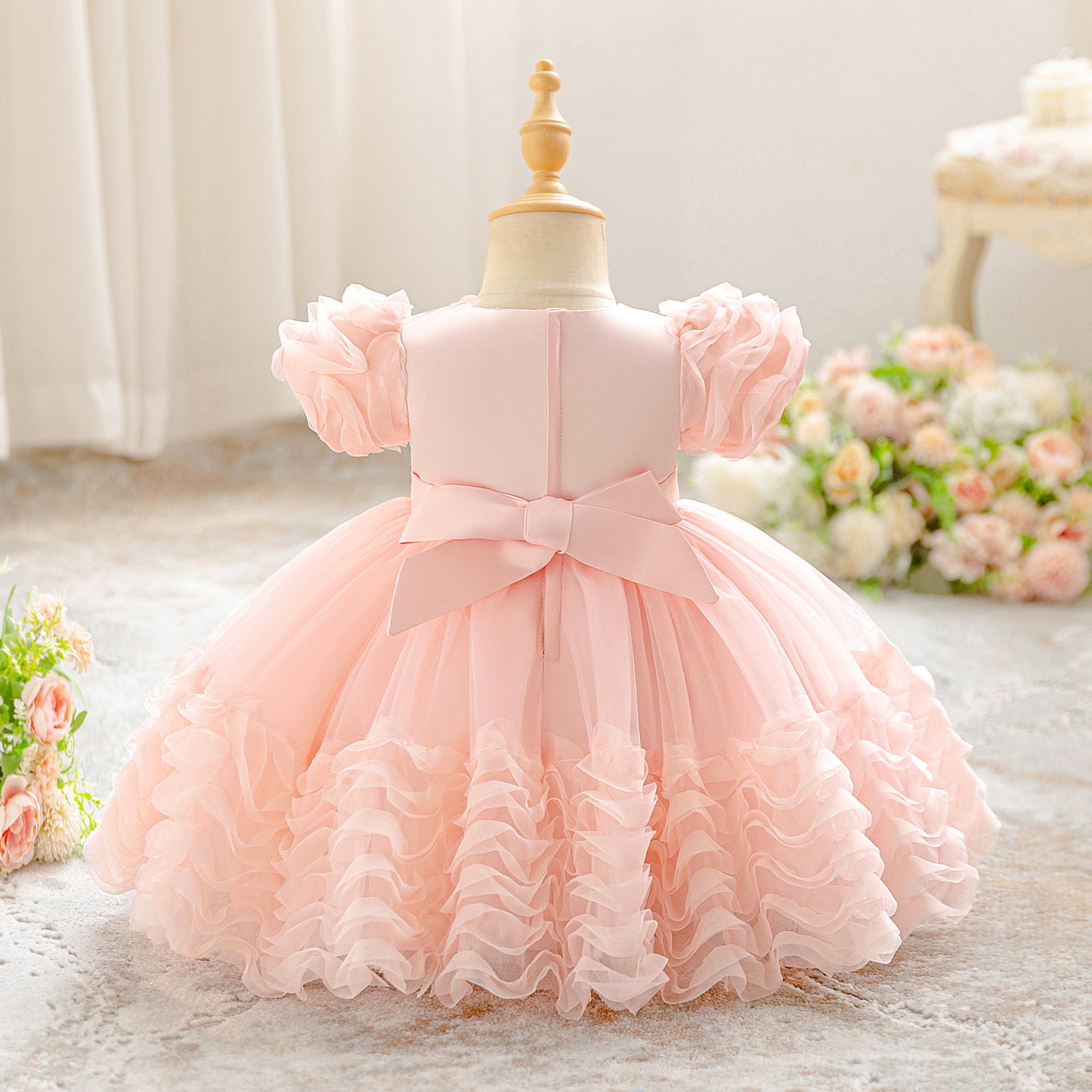Princess Puffy Sleeve Tulle Ball Gown for Toddlers – Light Pink Party & Flower Girl Dress