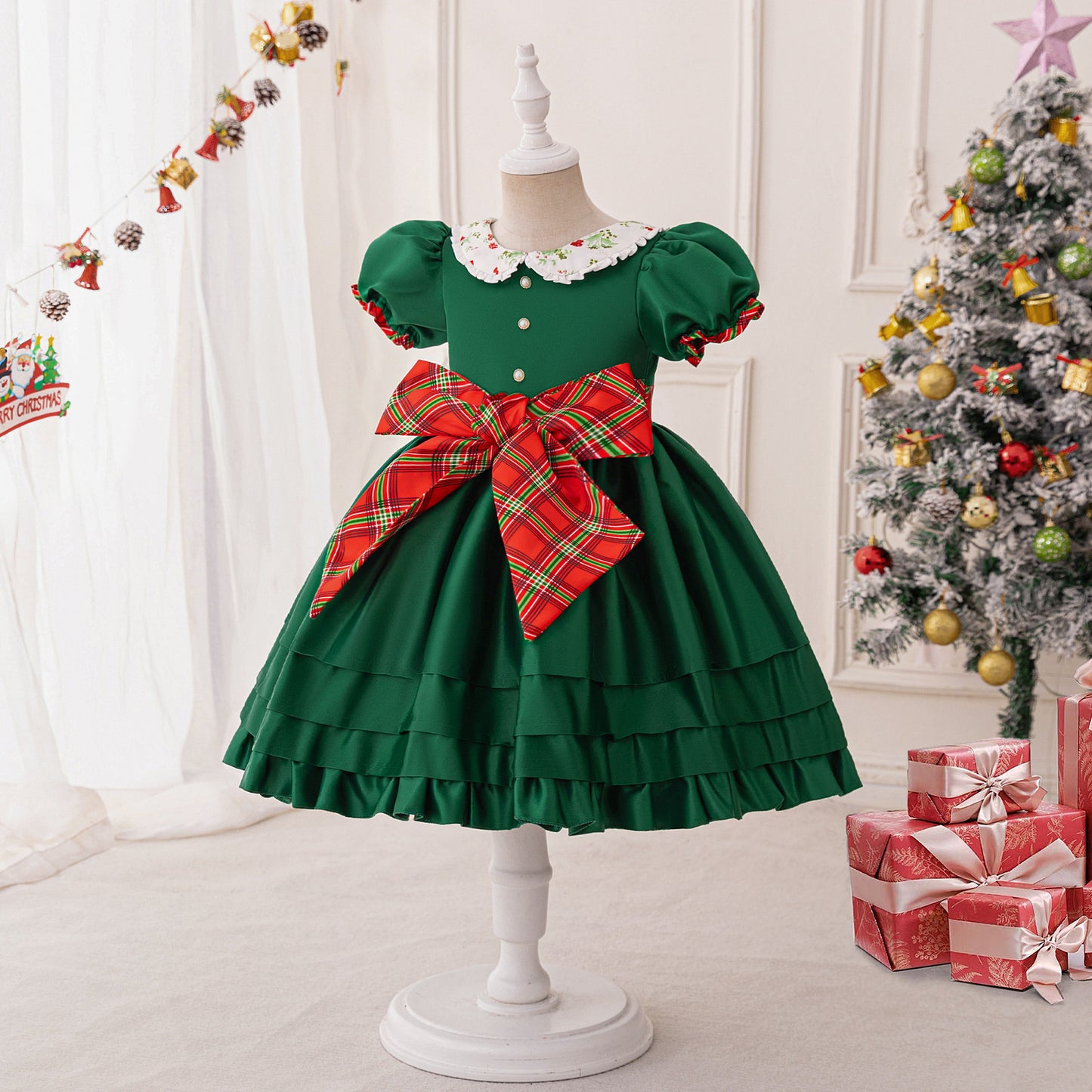 Dark Green Princess Puffy Dress with Collar & Bow for Girls - Tea Length, Satin, Flower Girl & Party Gown