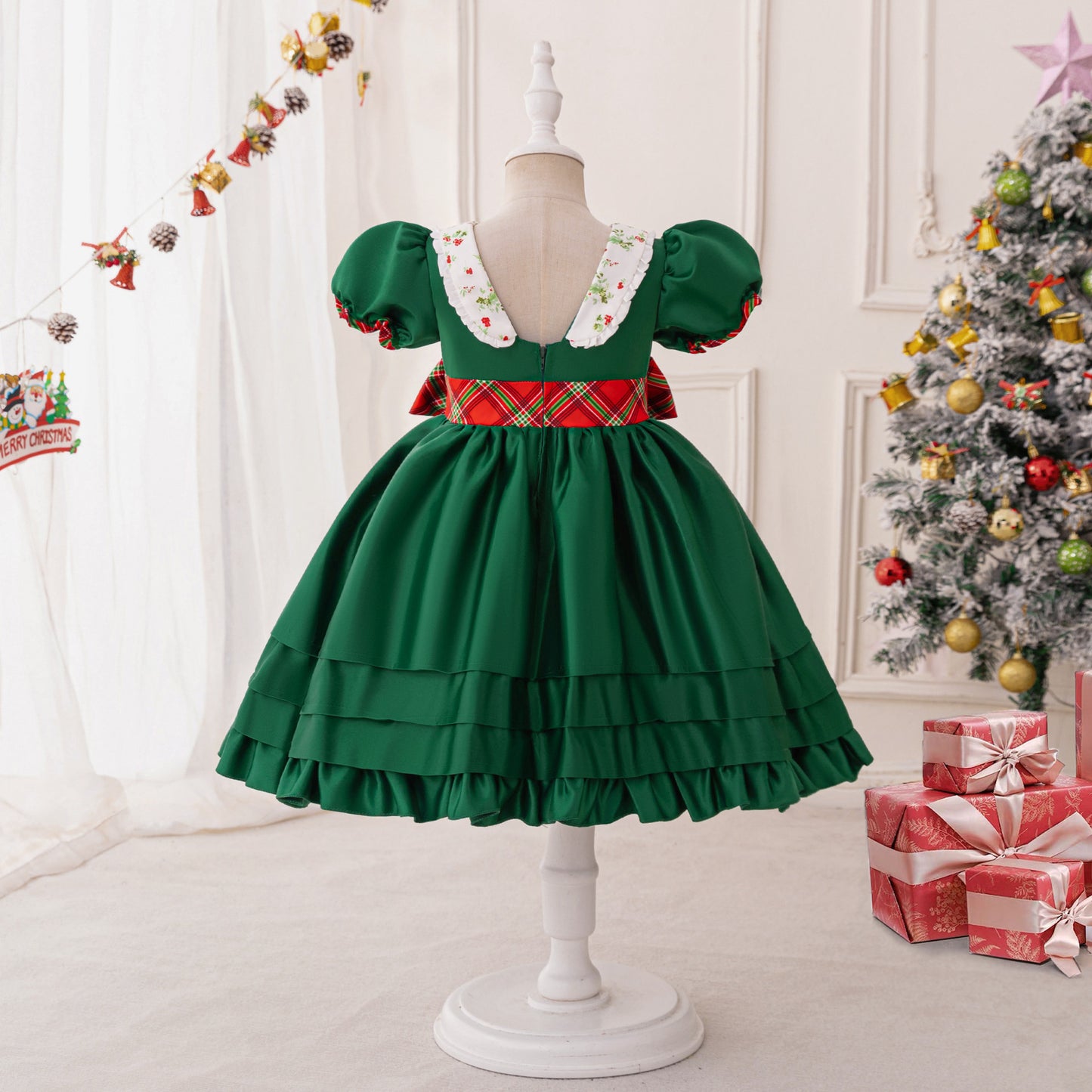 Dark Green Princess Puffy Dress with Collar & Bow for Girls - Tea Length, Satin, Flower Girl & Party Gown