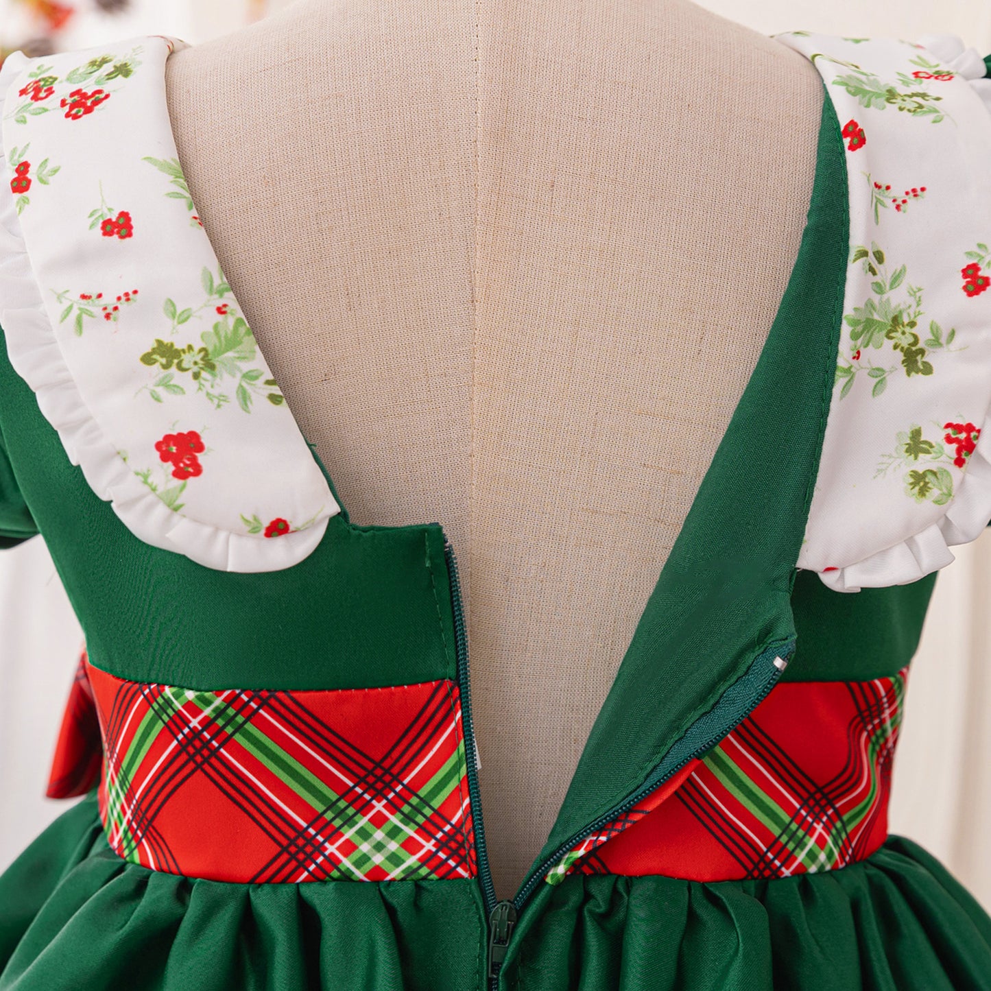 Dark Green Princess Puffy Dress with Collar & Bow for Girls - Tea Length, Satin, Flower Girl & Party Gown