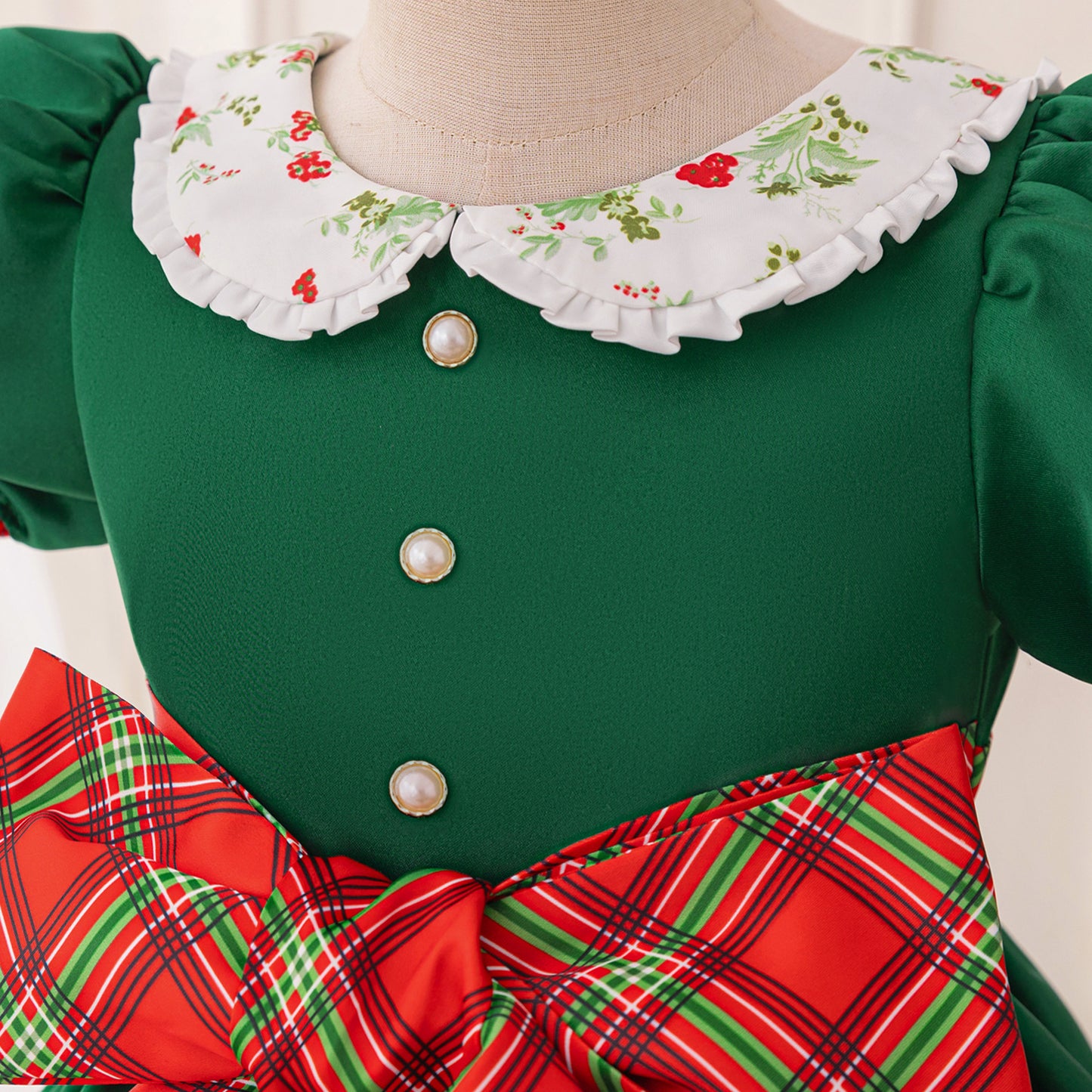 Dark Green Princess Puffy Dress with Collar & Bow for Girls - Tea Length, Satin, Flower Girl & Party Gown