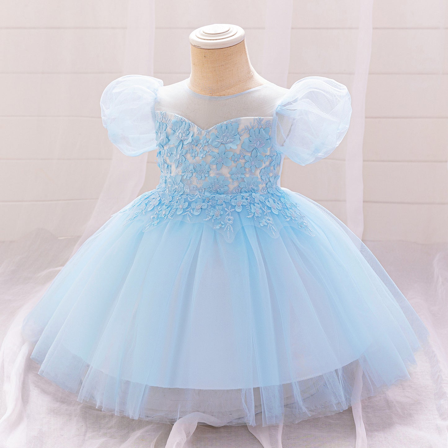Light Blue Princess Ball Gown Tulle Dress for Babies & Toddlers - Embroidered Puffy Flower Girl Dress