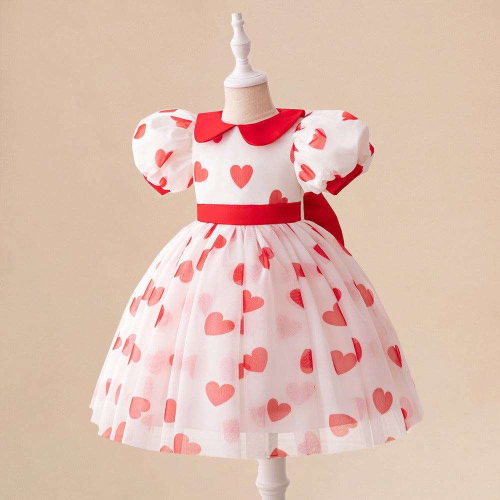 Red Princess Puffy Tulle Ball Gown Dress for Girls with Bowknot & Floral Print