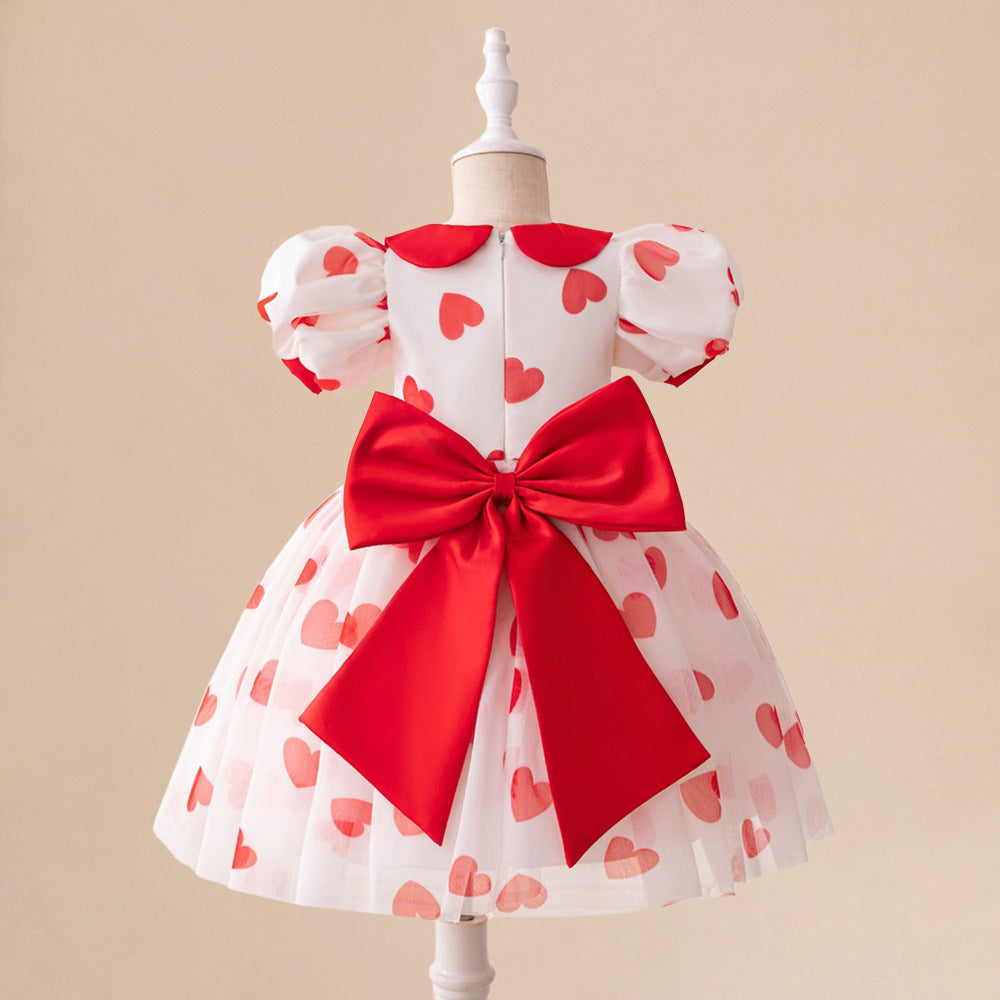 Red Princess Puffy Tulle Ball Gown Dress for Girls with Bowknot & Floral Print