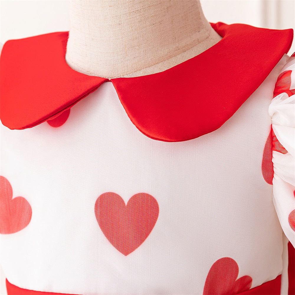 Red Princess Puffy Tulle Ball Gown Dress for Girls with Bowknot & Floral Print
