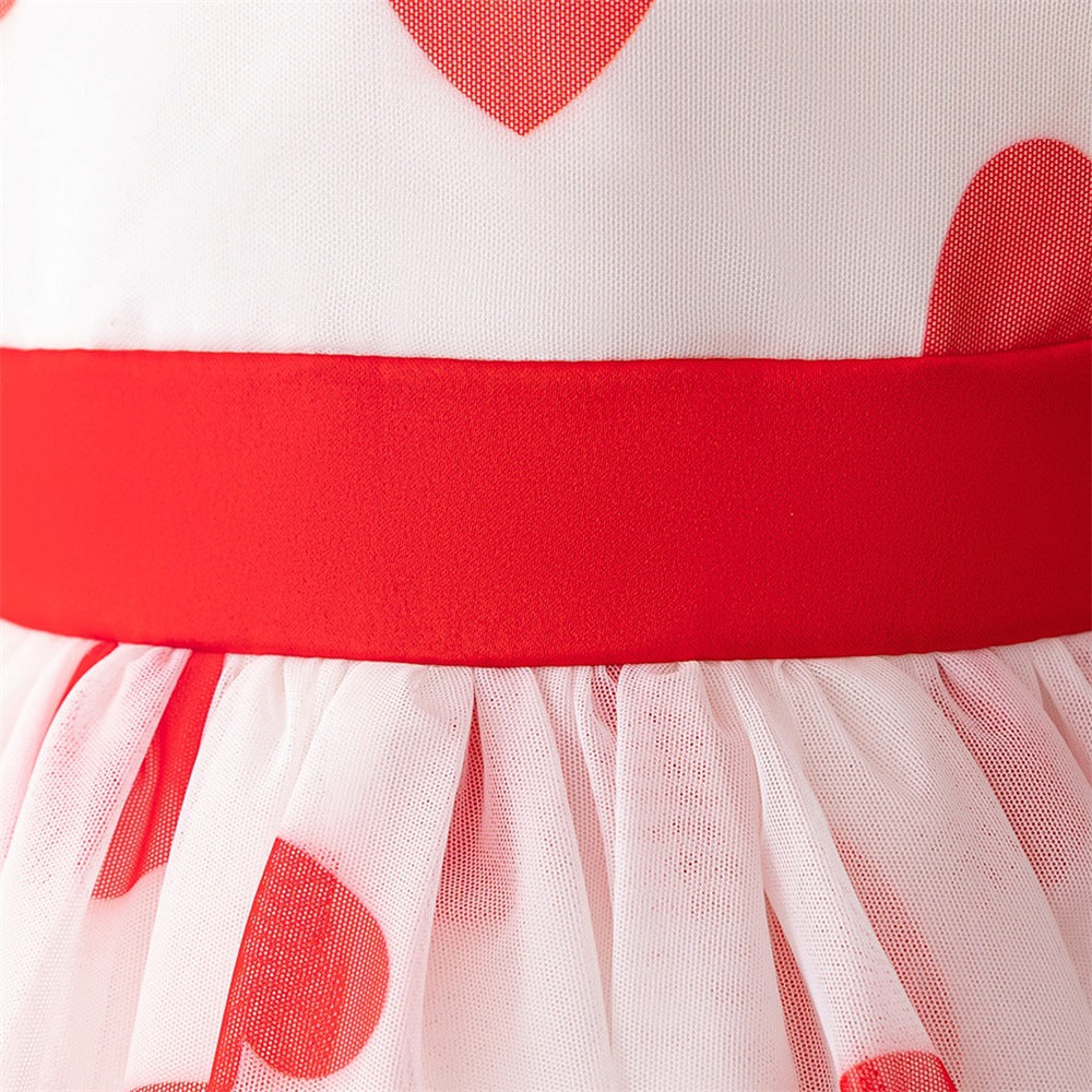 Red Princess Puffy Tulle Ball Gown Dress for Girls with Bowknot & Floral Print