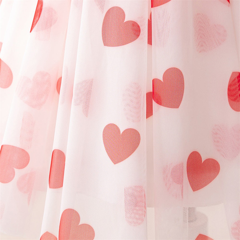 Red Princess Puffy Tulle Ball Gown Dress for Girls with Bowknot & Floral Print