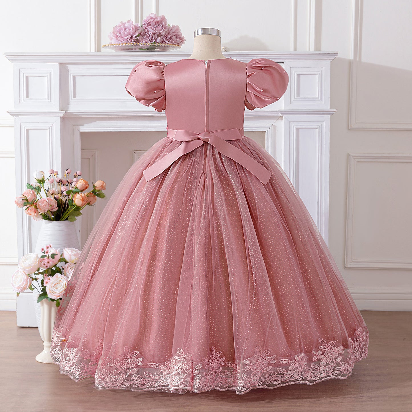 Princess Ball Gown Maxi Dress for Girls in Pink – Lace, Sequins & Puffy Tulle