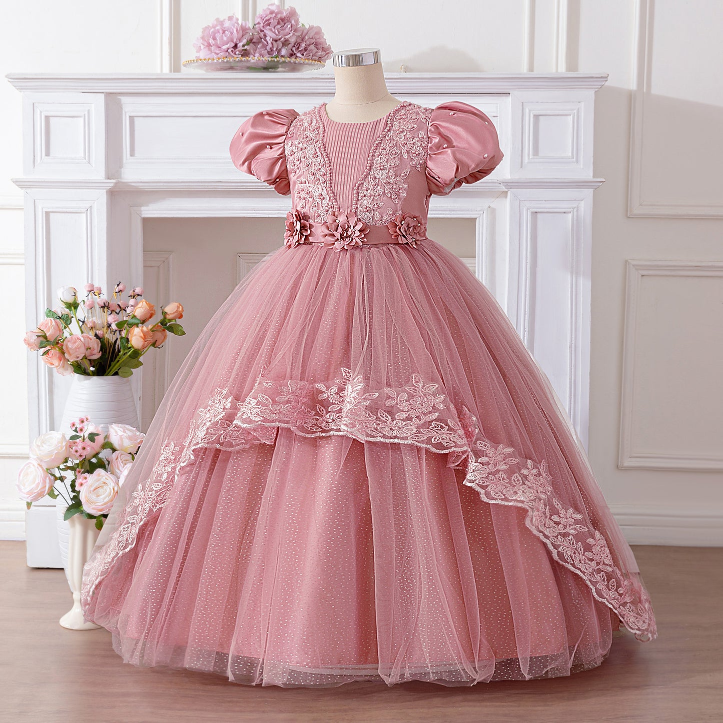 Princess Ball Gown Maxi Dress for Girls in Pink – Lace, Sequins & Puffy Tulle