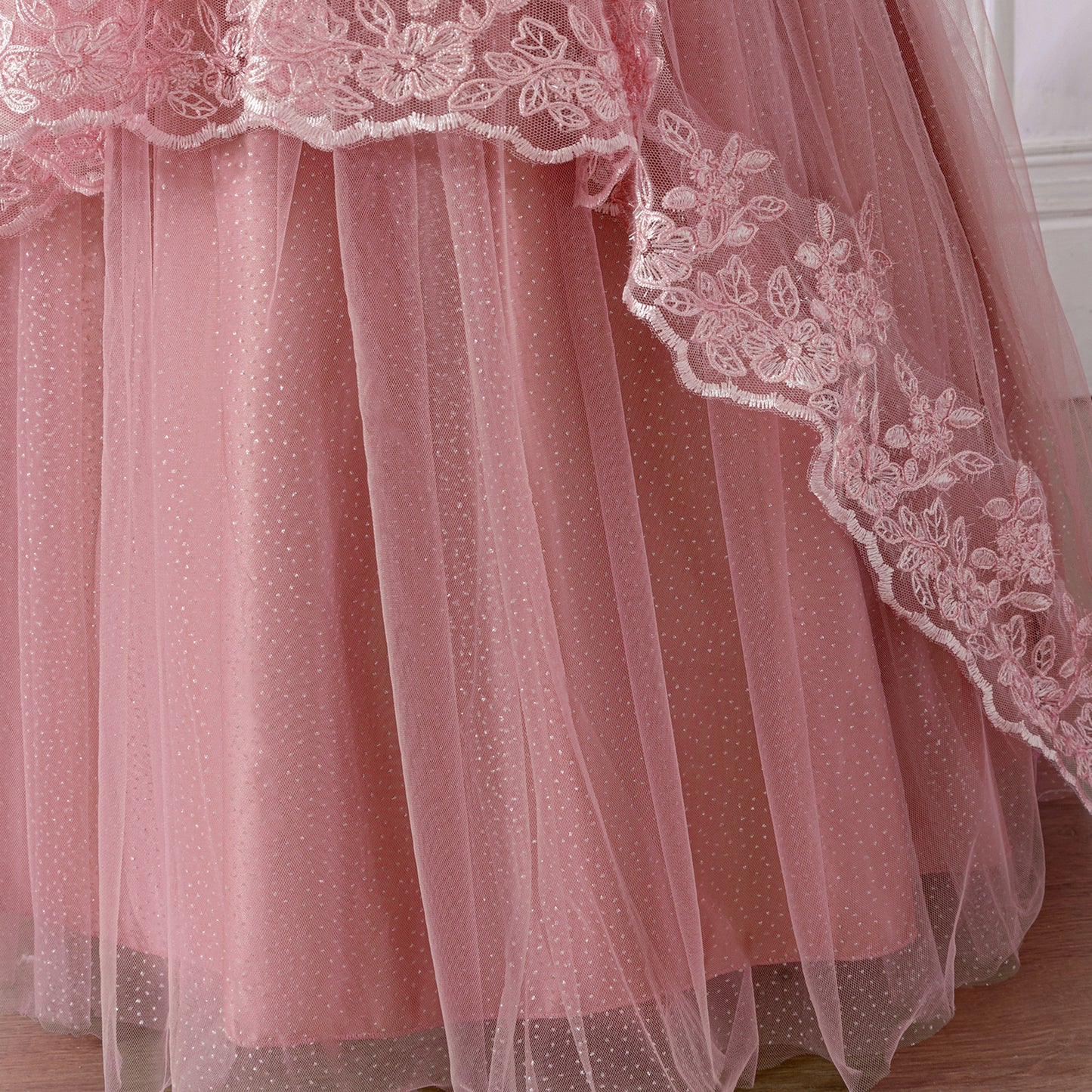 Princess Ball Gown Maxi Dress for Girls in Pink – Lace, Sequins & Puffy Tulle
