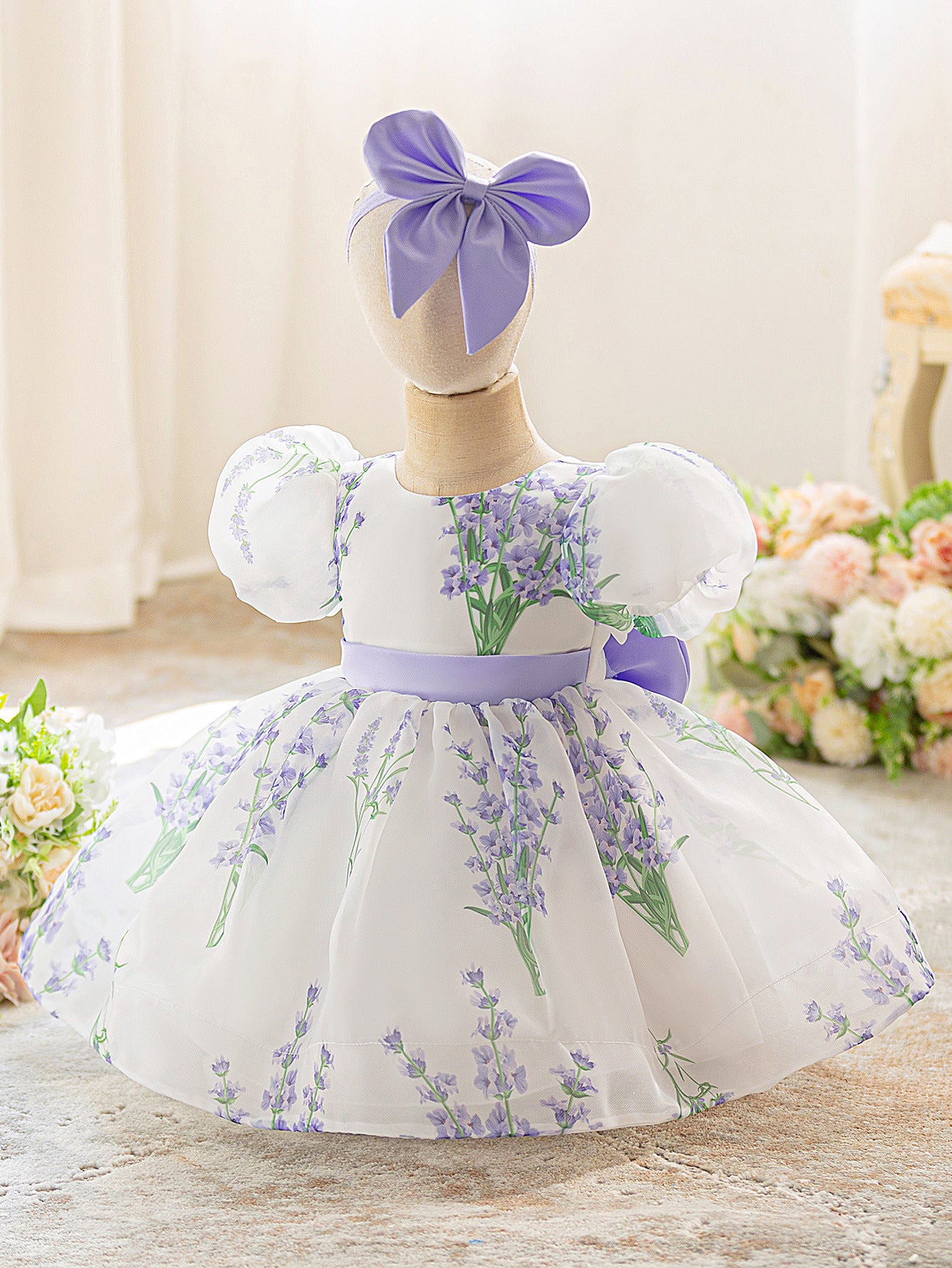 Princess Puffy Tulle Floral Bow Dress for Toddlers & Girls | Tea Length Ball Gown