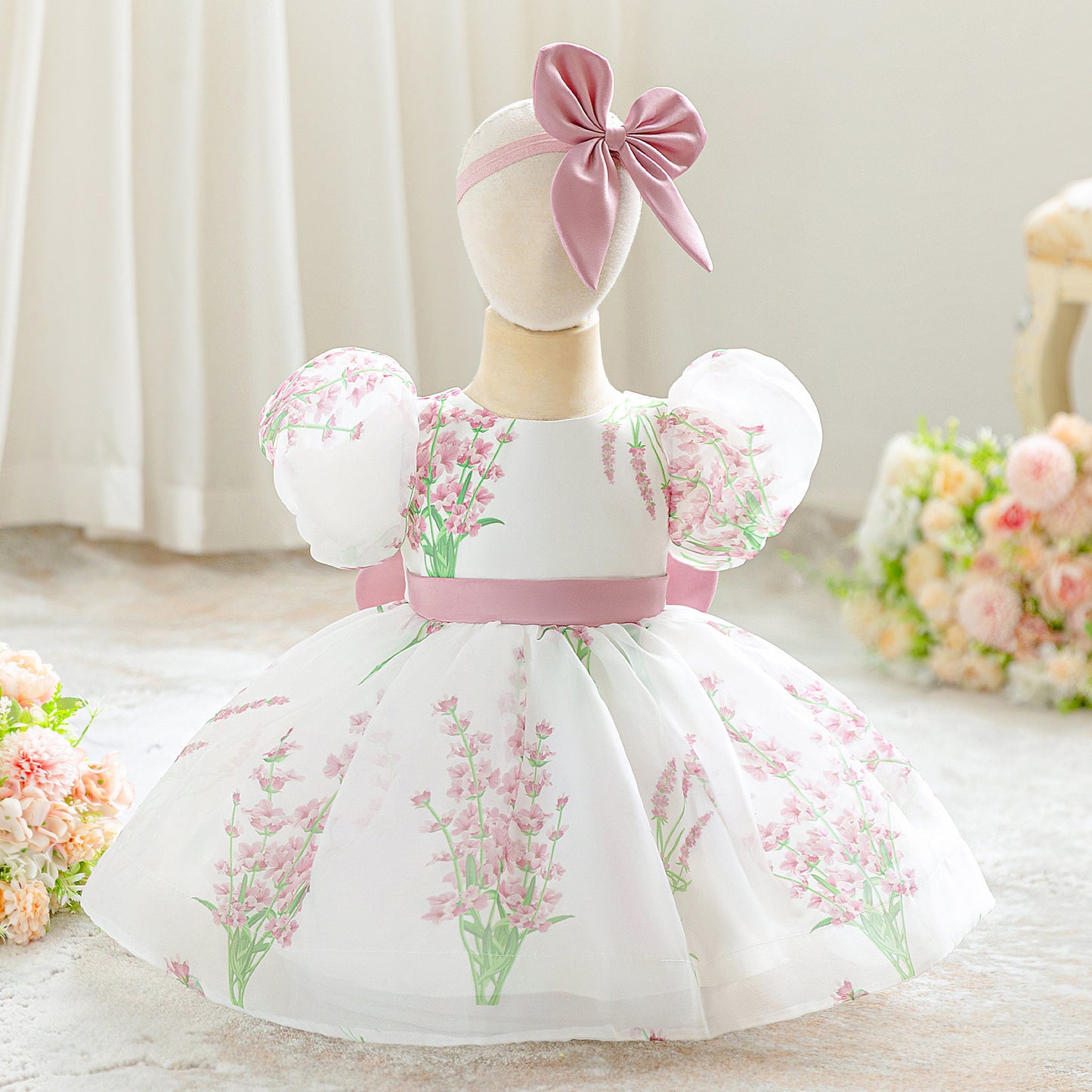 Princess Puffy Tulle Floral Bow Dress for Toddlers & Girls | Tea Length Ball Gown