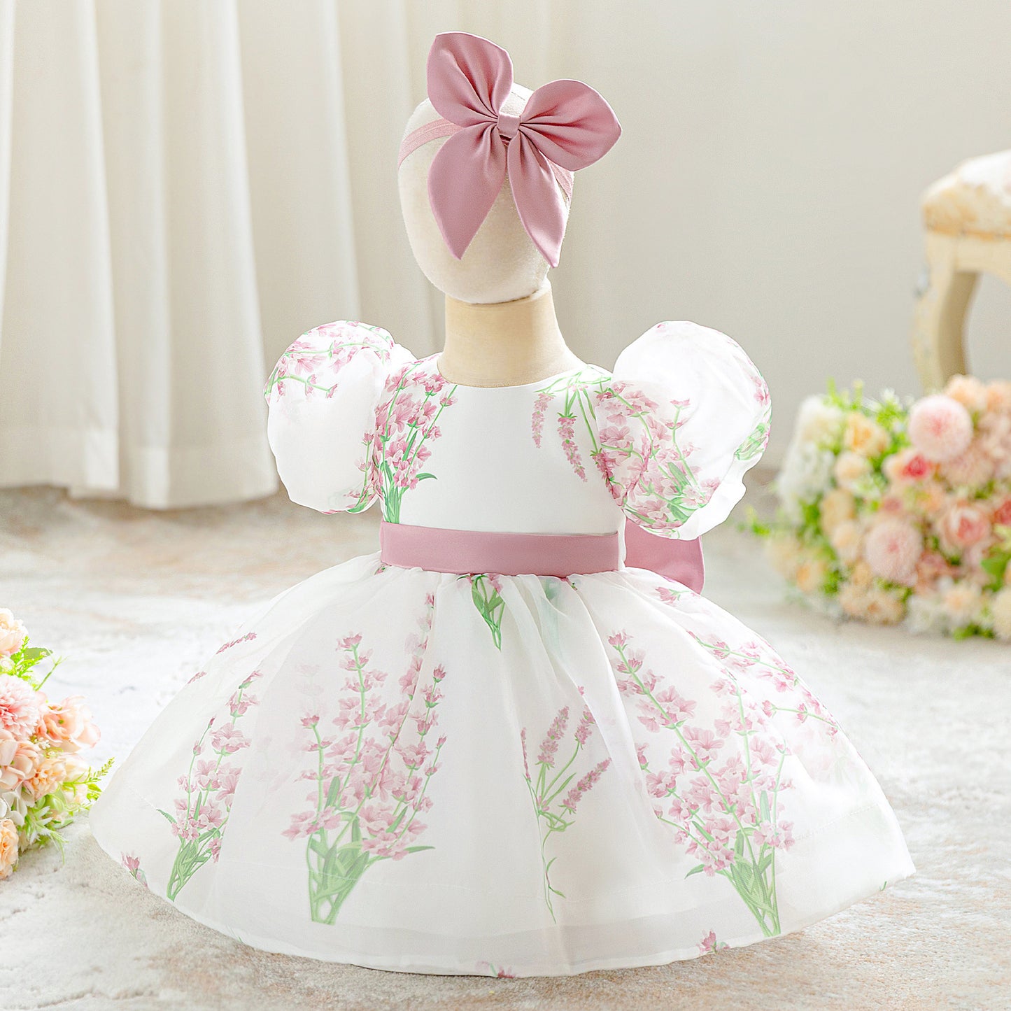 Princess Puffy Tulle Floral Bow Dress for Toddlers & Girls | Tea Length Ball Gown