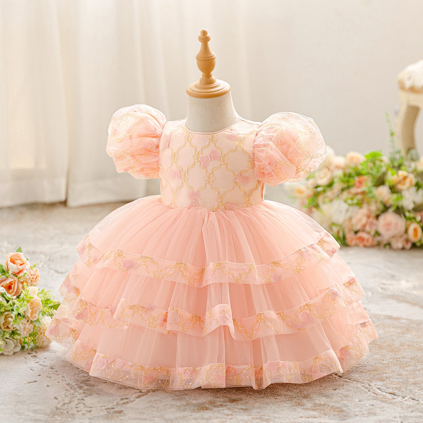 Light Pink Puffy Tulle Princess Dress for Toddlers – Ball Gown with Lace & Tiered Skirt