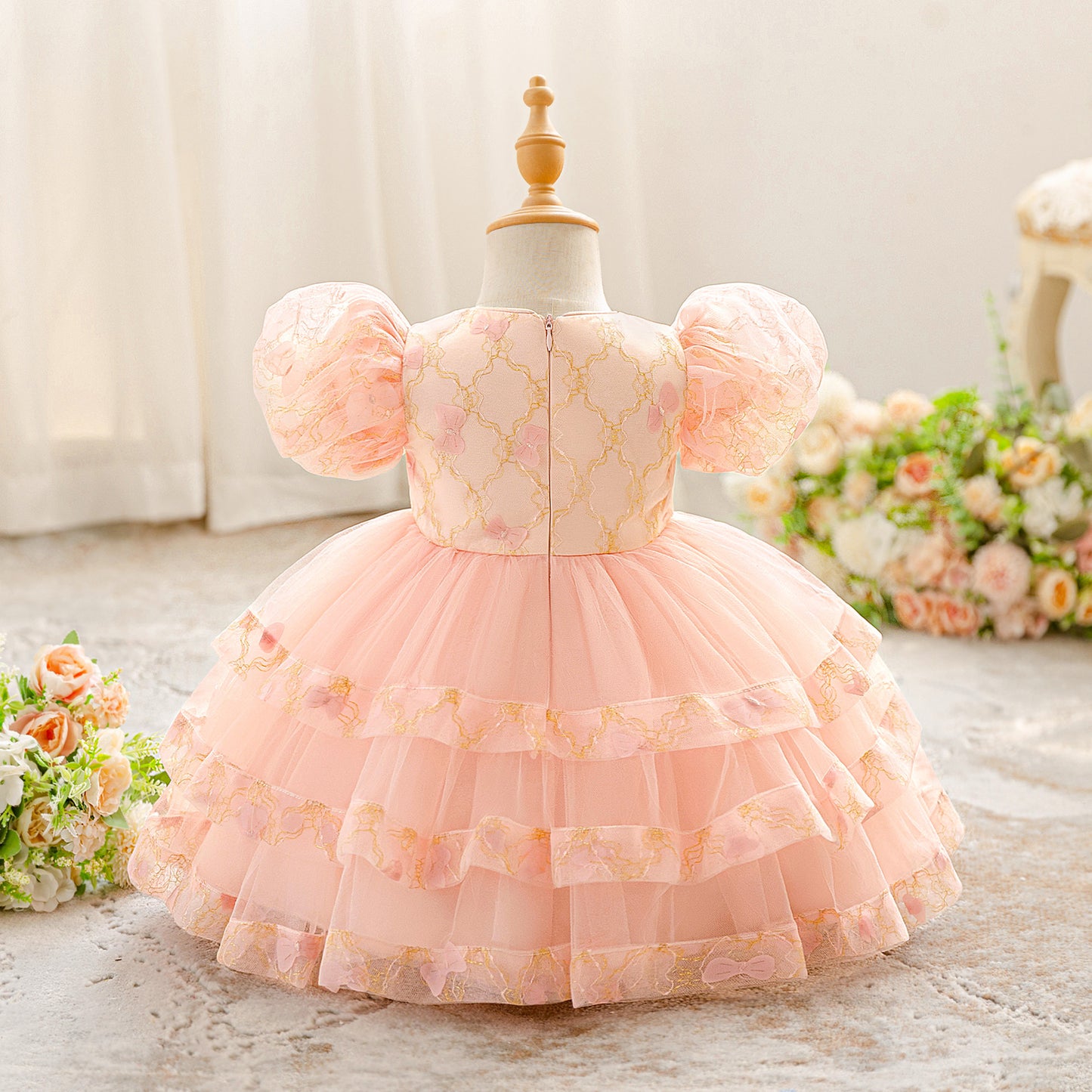 Light Pink Puffy Tulle Princess Dress for Toddlers – Ball Gown with Lace & Tiered Skirt