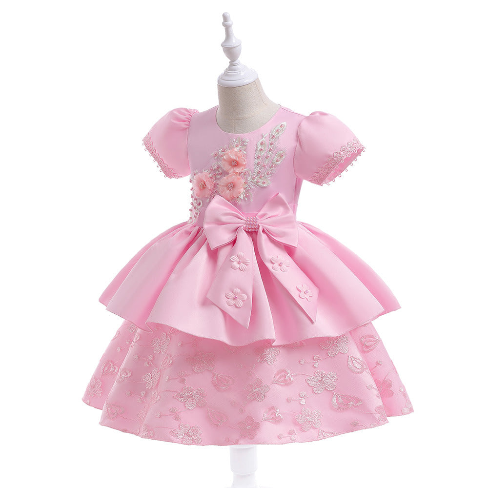 Light Pink Princess A-Line Embroidered Flower Girl Dress – Tea Length Satin Dress for Weddings & Parties