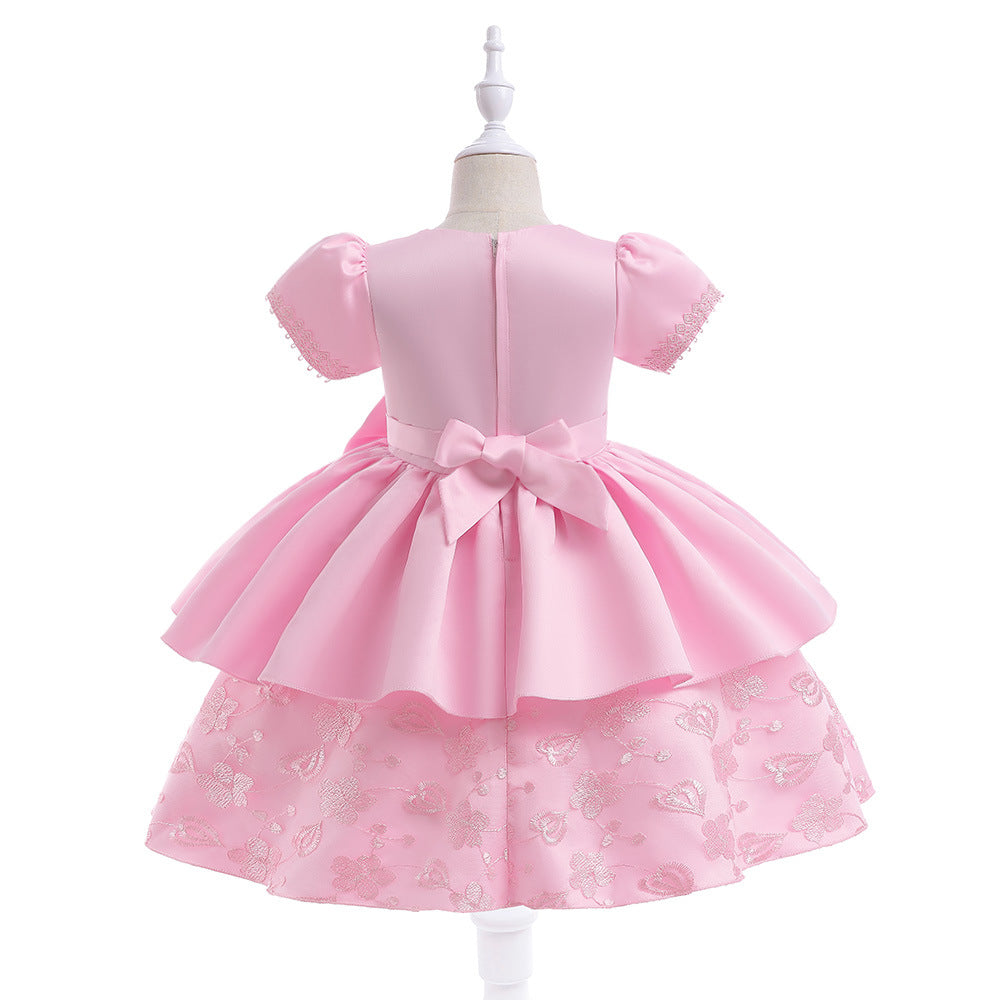 Light Pink Princess A-Line Embroidered Flower Girl Dress – Tea Length Satin Dress for Weddings & Parties