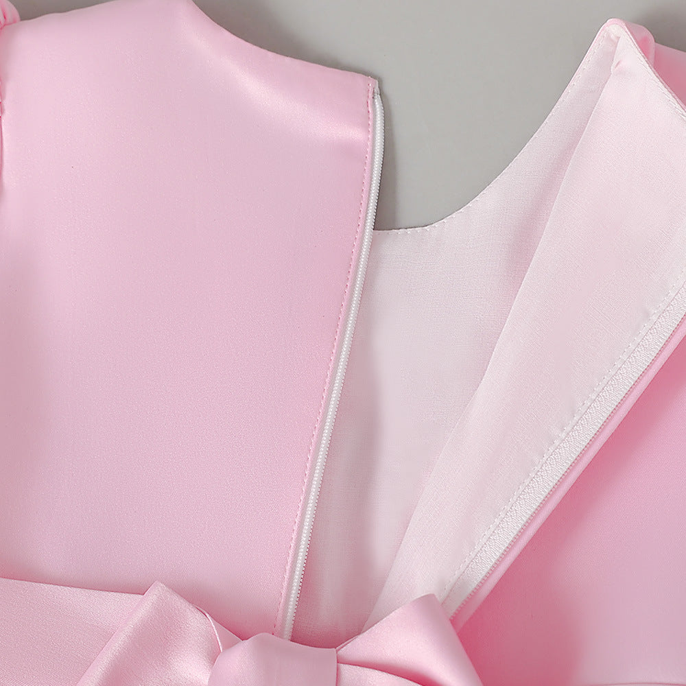 Light Pink Princess A-Line Embroidered Flower Girl Dress – Tea Length Satin Dress for Weddings & Parties