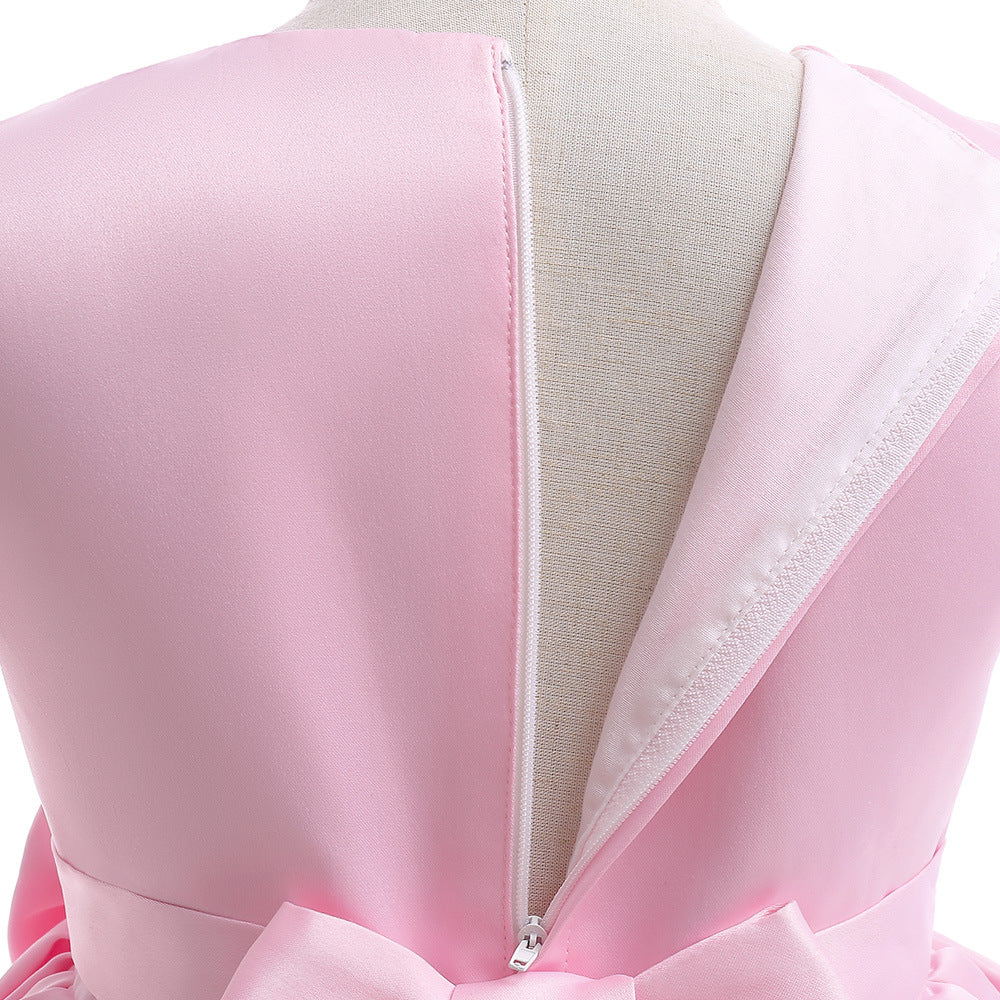 Light Pink Princess A-Line Embroidered Flower Girl Dress – Tea Length Satin Dress for Weddings & Parties