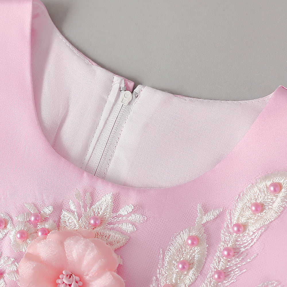 Light Pink Princess A-Line Embroidered Flower Girl Dress – Tea Length Satin Dress for Weddings & Parties