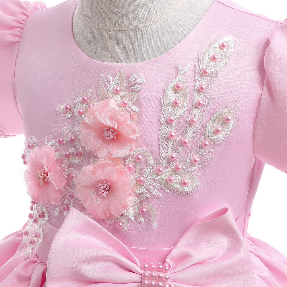 Light Pink Princess A-Line Embroidered Flower Girl Dress – Tea Length Satin Dress for Weddings & Parties